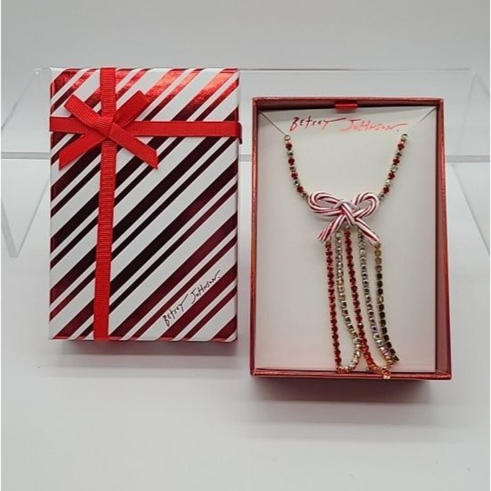 Betsey Johnson CANDY CANE BOW  Red/Iridescent Glass Stones Pendant Necklace NIB